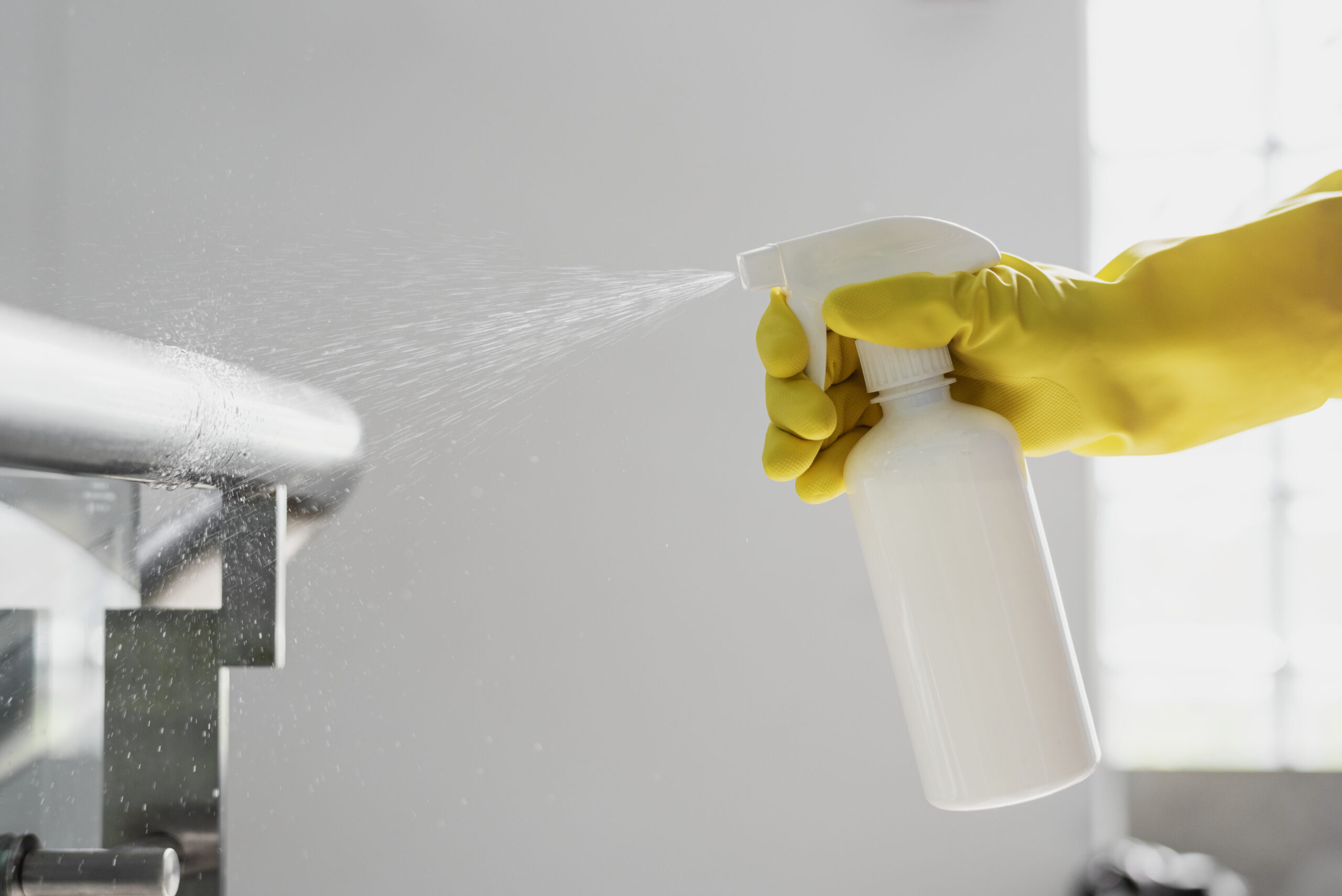 New build construction cleaning. Gloved hand spraying a surface.